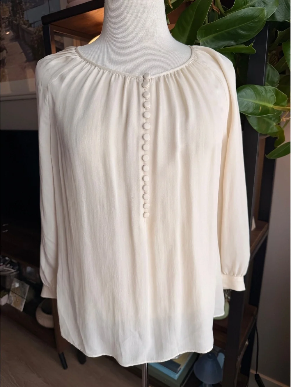 J.Crew 100% Silk Cream Blouse with Covered Button Front, Size 6
